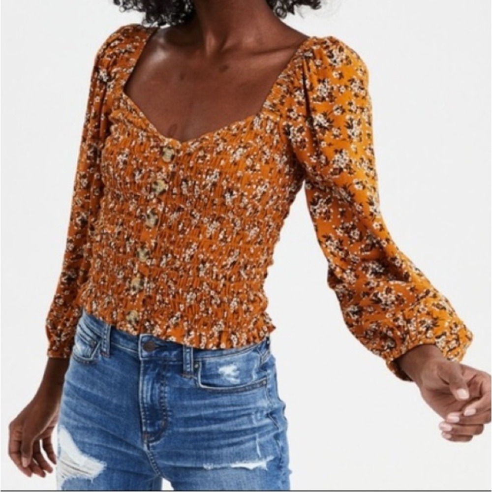 American Eagle Floral Smocked Top Medium Yellow Long Sleeve Square Neck Boho